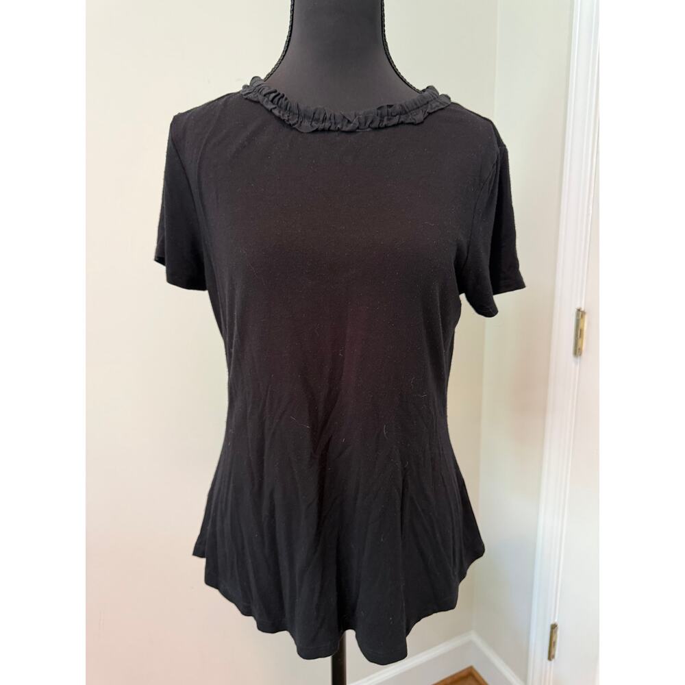 Isaac Mizrahi Short Sleeve Black Top with Ruffel Neck Detail
